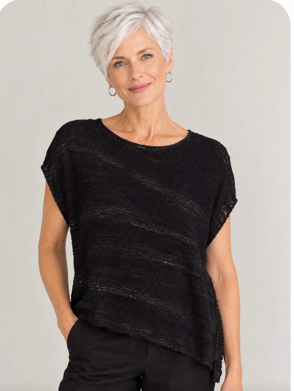 Eileen Fisher Black Open-Weave Short Sleeve Sweater